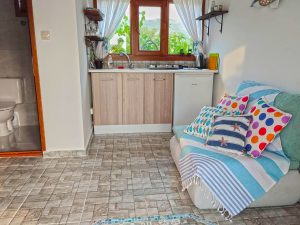 Photo of the kitchenette with the mini sofa, kitchenware, stovetop and kettle