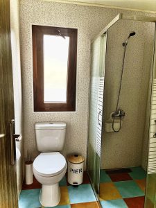 A photo of the toilet and shower are in the bathroom