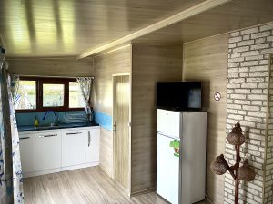A photo of the kitchen, TV and fridge