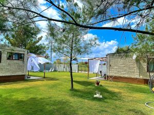 Photo of the exterior of the villas from the side with a tree